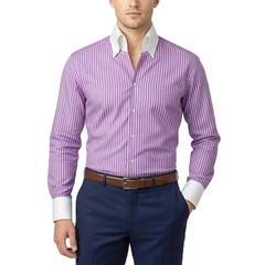 Men’s High Open Button Down Collar Shirt Lilac White Stripes Size 17 French Cuff