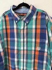 Chaps Men’s Button Down Shirt Large Multicolor Plaid Blue White Orange Green
