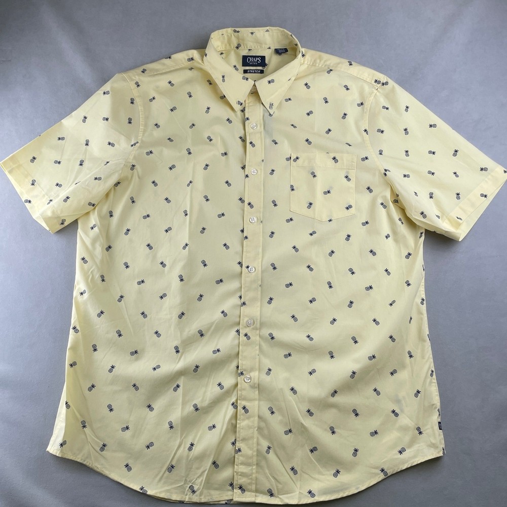 Chaps Men Pineapple S/S Button Down Stretch Shirt XXL Lemon Yellow Recycled Poly