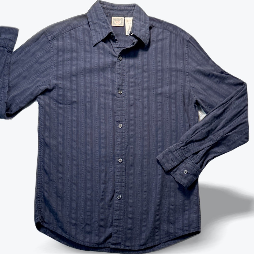 Stamp 10 Button Down Shirt Long Sleeve Navy Blue Dobby Stripe Diamond Men Small