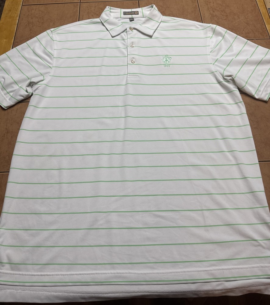 Peter Millar Summer Comfort E4 Golf Shirt Sz Large White Green Striped Logo
