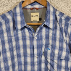 Simms Short Sleeve Pearl Snap Guide Fishing Shirt Men’s Large Blue White Plaid