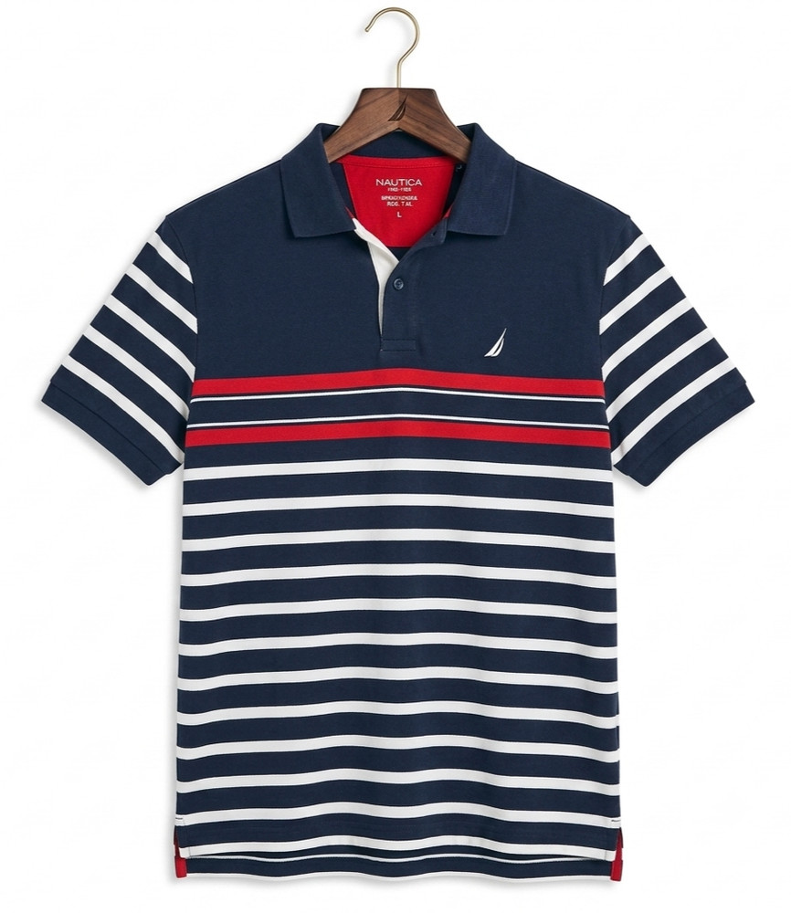 Nautica Performance Deck Shirt Polo Size 3XL Navy White Red Striped Classic Fit