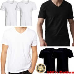For Mens 100% Cotton Thick Basic Tee Casual T-Shirt V-Neck Black White S-4XL