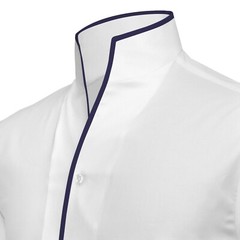 White High Open Collar Highlighted Navy Blue Piping 100% Cotton Men Preppy Shirt