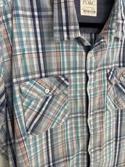 PD&C Men’s XL Short Sleeve Button-Down Front Pockets Collared Blue Striped Shirt