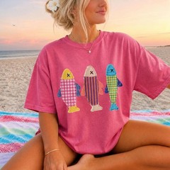 Summer Fish Graphic Tee, Printed Patchwork Sardine Beach Shirt Unisex