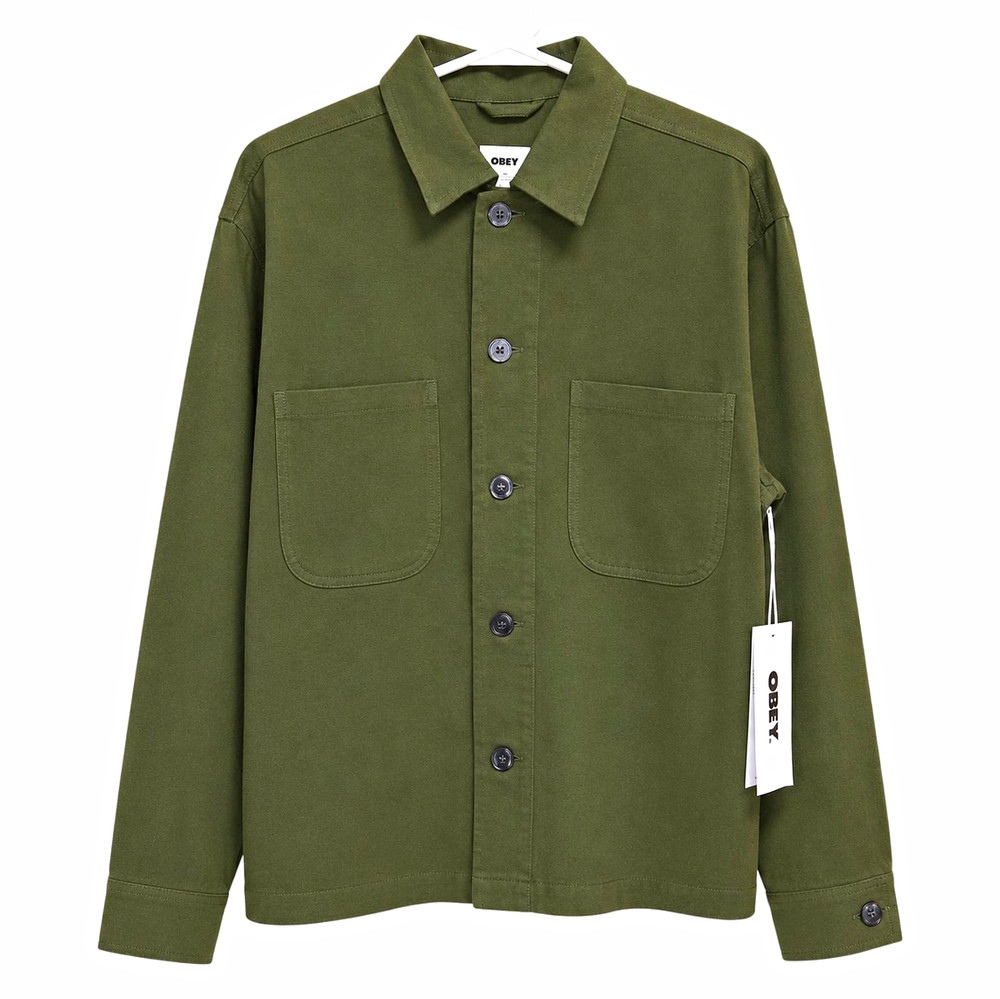 OBEY Men’s Green Solid Button-Up Overshirt Jacket, Linen Viscose Canvas S