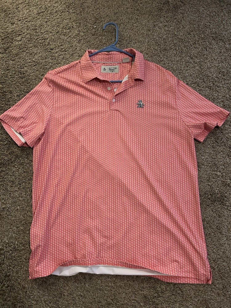 Original Penguin used Men’s L Pink/White Geometric All-Over Logo Polo Golf Shirt
