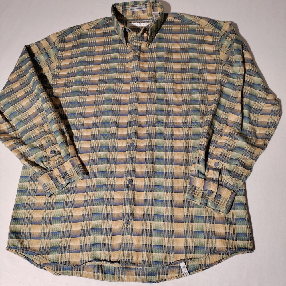 Jhane Barnes Mens Geometric Grid Button Down Shirt Yellow Blue Green Size Medium