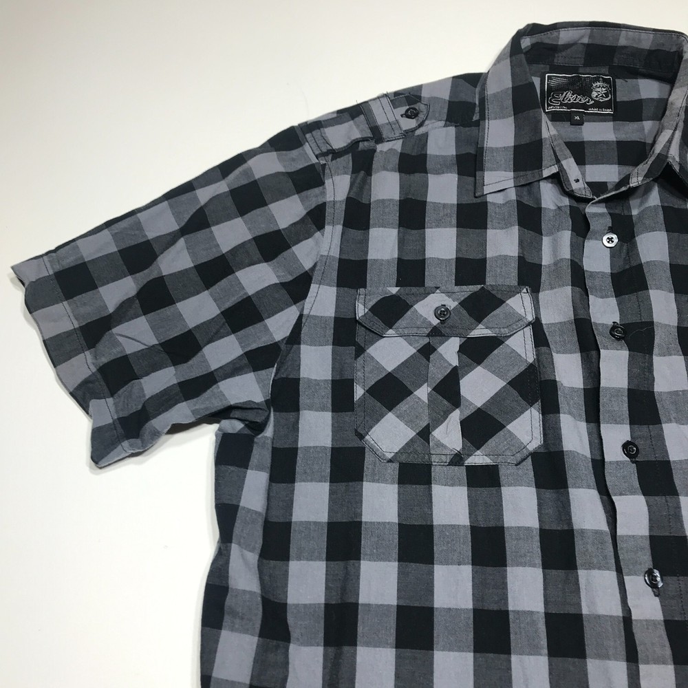 Elixir Button Down Shirt Mens Size XL Black Gray Check Short Sleeve Casual
