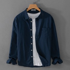 Men Shirt Long Sleeve with Button Solid Color Casual Pure Linen Shirt