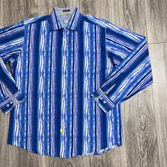BUGATCHI Abstract Striped Blue Watercolor Classic Fit Button Front Shirt Mens L