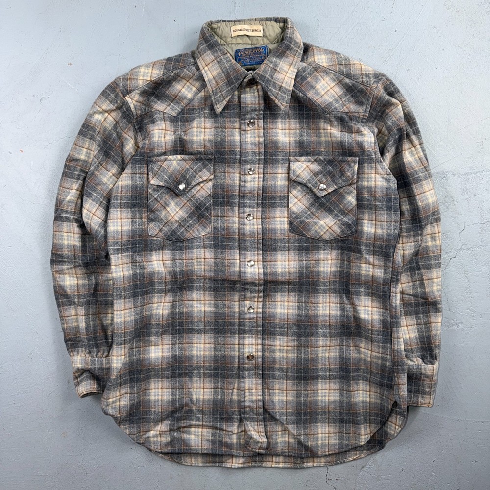 Pendleton VTG 100% Virgin Wool Western Plaid Shirt Pearl Snap Gray High Grade