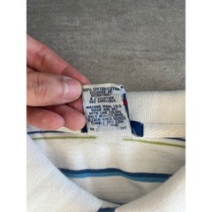 Old Navy Mens White Blue Green Striped Fleur De Lis Polo Shirt Size 22.5×26
