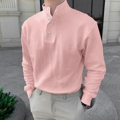 Men Button High Neck Stand Collar Solid Blouse Long Sleeve Top Cotton Shirt
