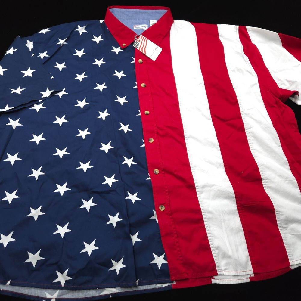 American Summer Button Down Mens 5XL Stars Stripes USA Flag Red White Blue