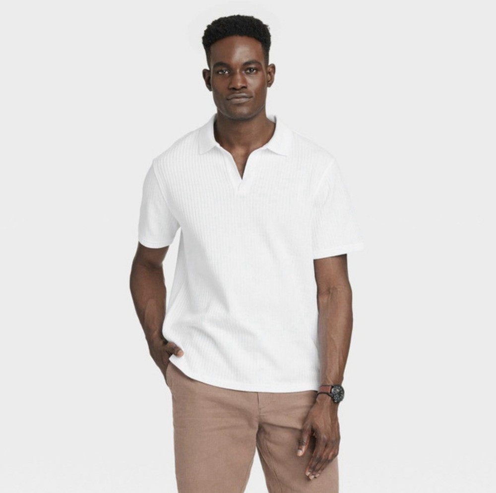 Goodfellow & Co White Collared Polo Ribbed Knit Casual Short Sleeve Sz Large NWT