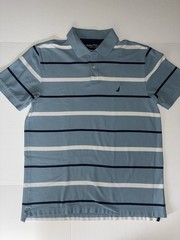 Nautical Performance Deck Shirt, Classic Fit Polo, Blue Striped, Mens Size Large