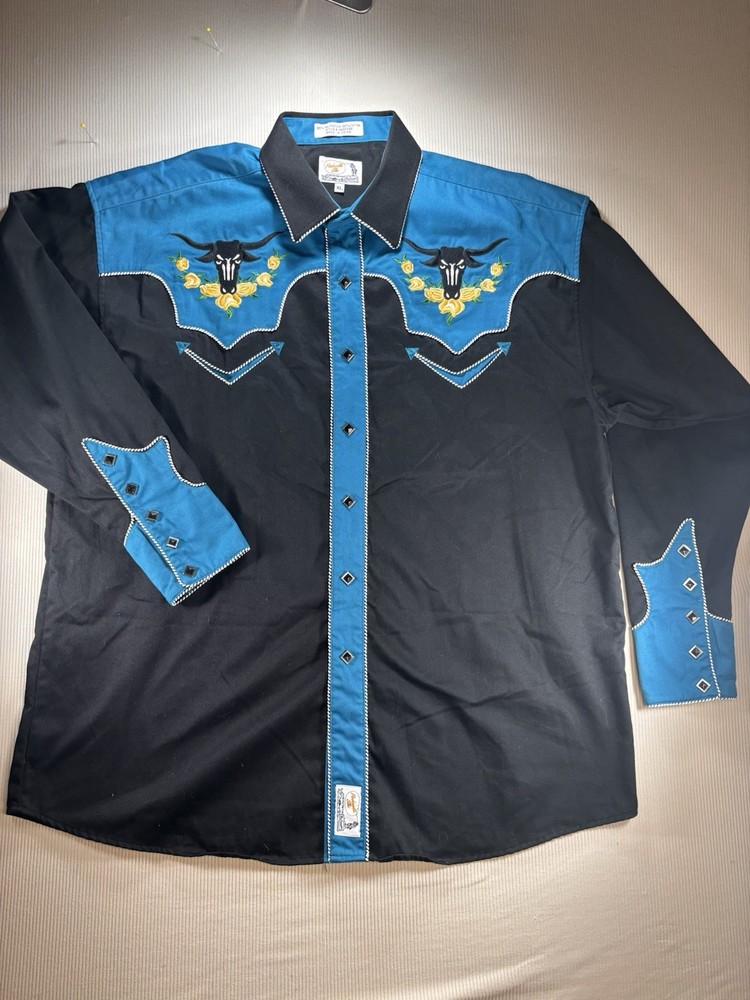 Retro Panhandle Slim Men’s XL Western Shirt Black/Blue Embroidered Longhorn Snap