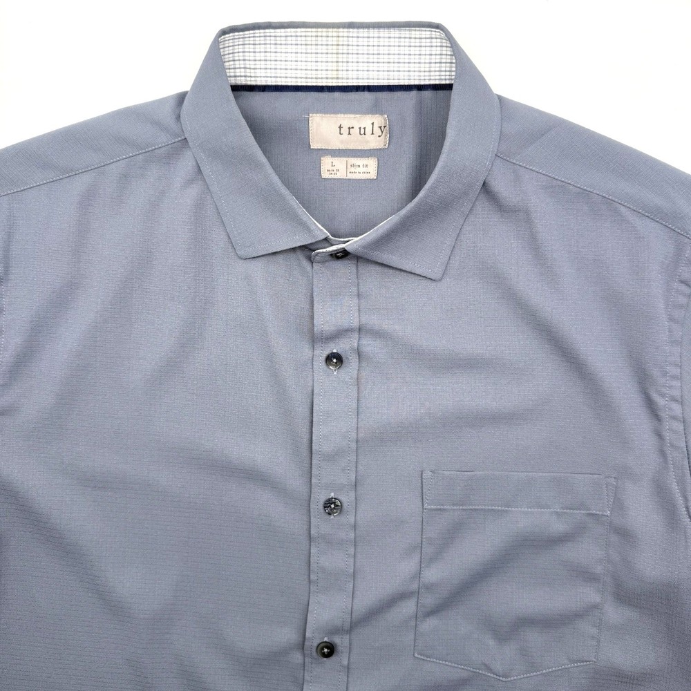 Truly Button Down Shirt Men Large Gray Slim Fit Short Sleeve Textured Stretch