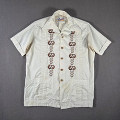 Vintage Guayabera Shirt Mens Medium White Meridana Pleated Embroidered Mexico