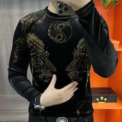 Luxury Men Fashion Lion Golden Velvet Rhinestone Diamond Long Sleeve T-Shirt