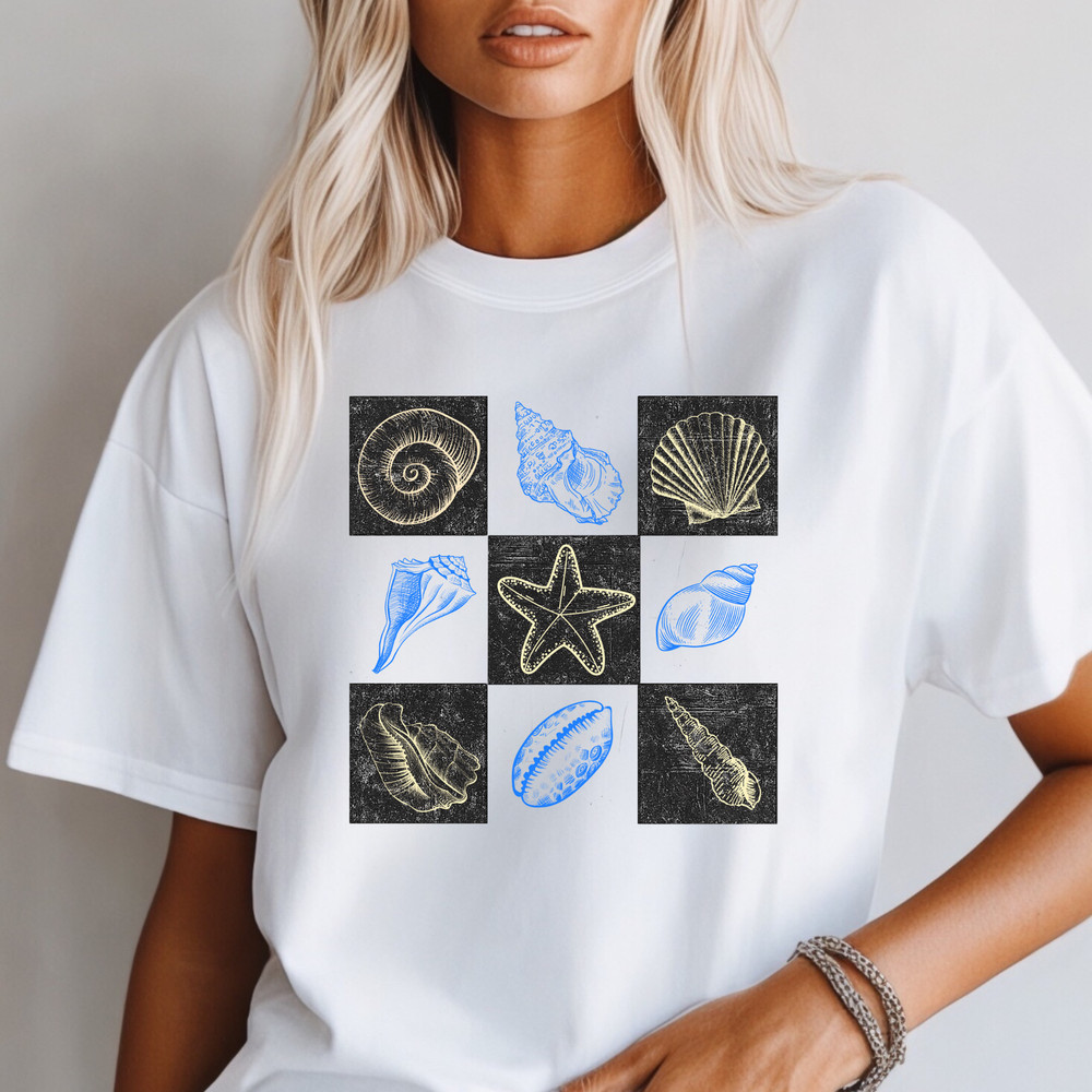 Seashell Grid T-shirt | Nautical Shells Tee, Beach Ocean Vibes Shirt, Summerwear