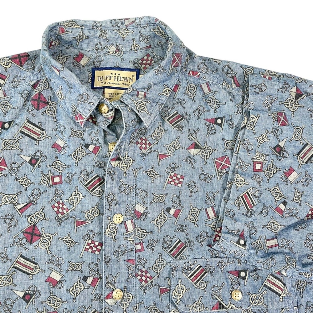 Ruff Hewn Medium Blue Button Down Nautical Flag Rope Print Coastal Dadcore