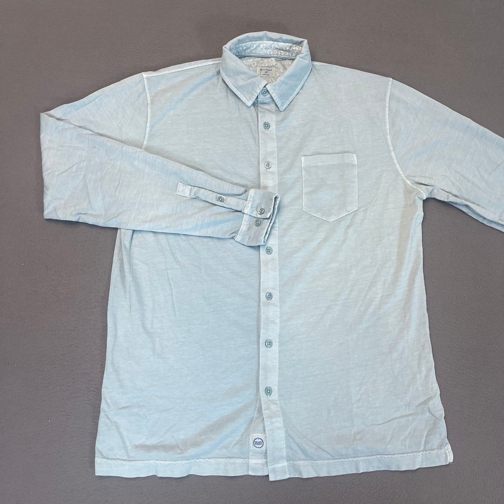 Reworn Mens Medium Light Blue Cotton Jersey Knit Button Down Long Sleeve Shirt