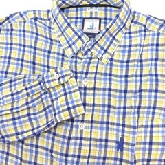 Johnnie-O Mens Large Blue Yellow Plaid Linen Blend Button Down Shirt West Coast