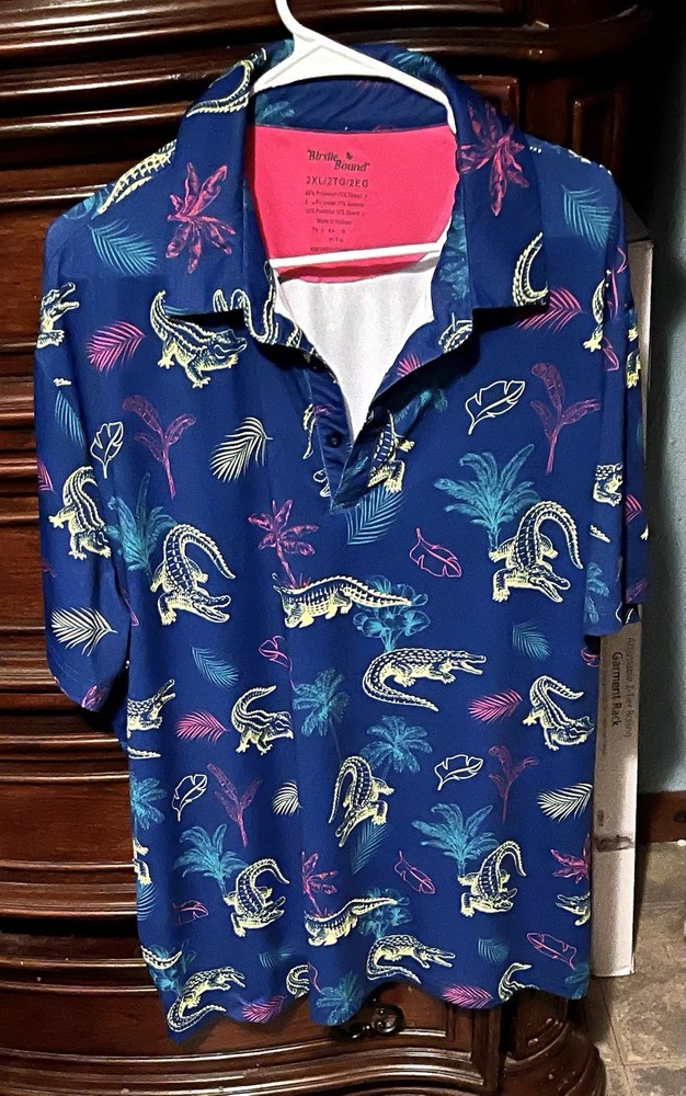 Mens 2XL Blue Birdie Bound All Over Print Floral Alligator Golf Polo Shirt!