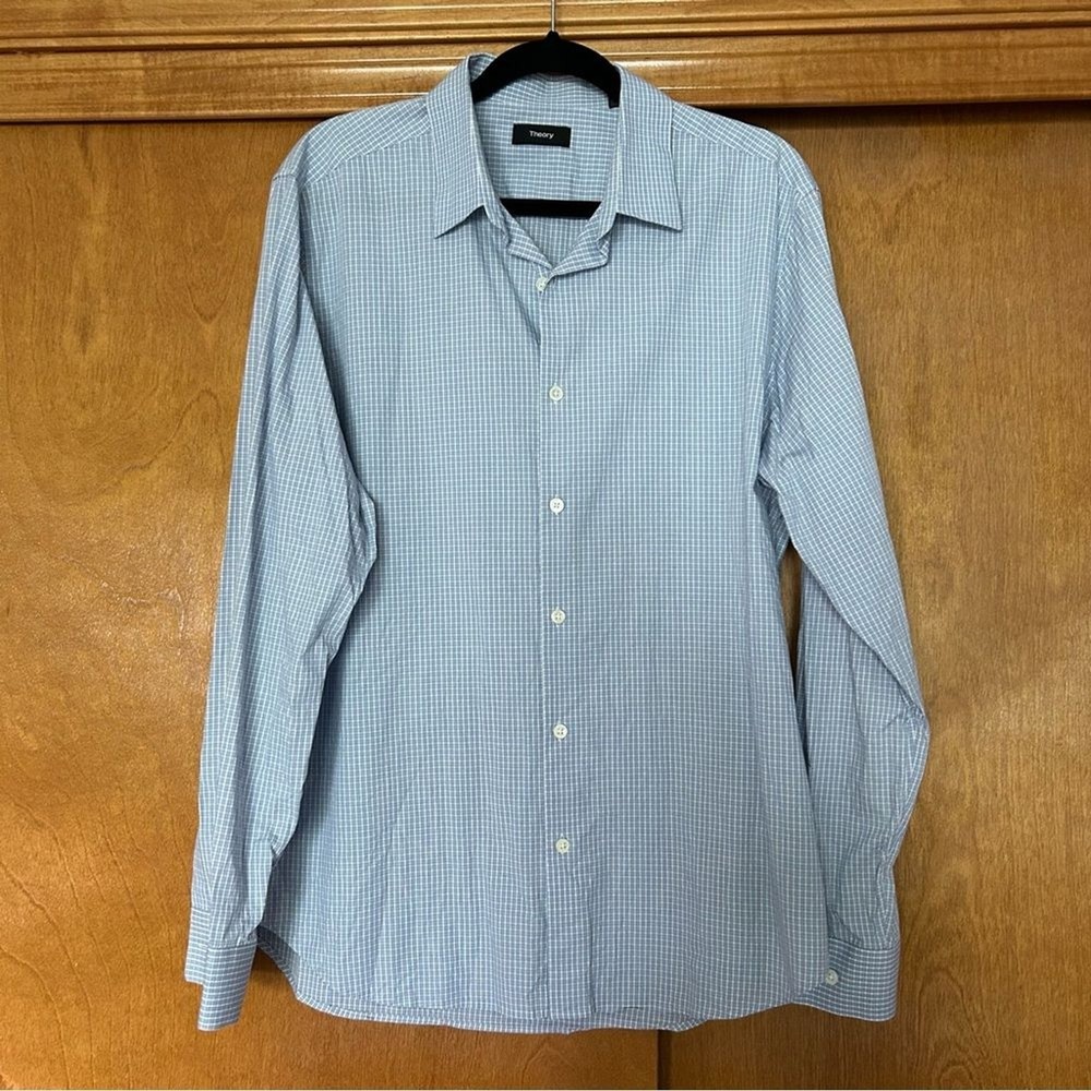 Theory Sylvain Tress Plaid Blue Button Down Shirt Size XL Office Work Career