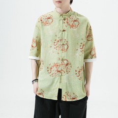 Chinese Men Top Shirt Frog Button Tang Suit Dragon Printed Tai Chi Retro Summer