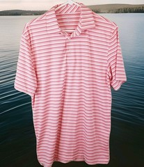 Southern Tide Striped Performance Coral & White Polo Shirt Men M Polyester Spanx