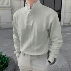 Men Button High Neck Stand Collar Solid Blouse Long Sleeve Top Cotton Shirt