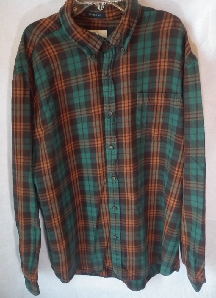 St Johns Bay Men’s Size XL Orange/Teal/Brown Plaid Flannel Shirt Button-Down