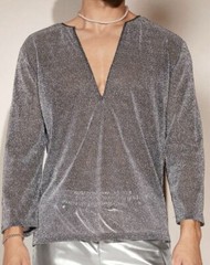 Manfinity Gray Size L Sheer Mesh Tinsel Metallic Long Sleeve V-Neck Tee