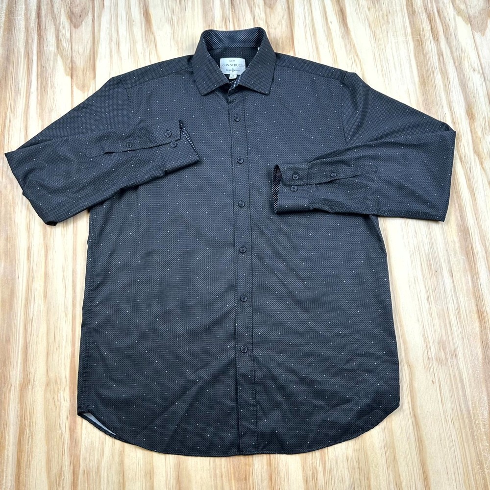 Con.Struct Dress Shirt Men M 15-15.5 33-34 Black Geometric Slim Fit Long Sleeve
