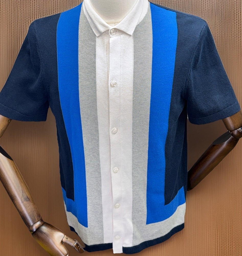 Express Button Up Striped Border Sweater Polo Shirt Men’s Medium 100% Cotton