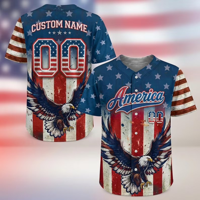 Custom America Eagle Baseball Jersey Patriotic USA Flag Shirt Name Number Adult