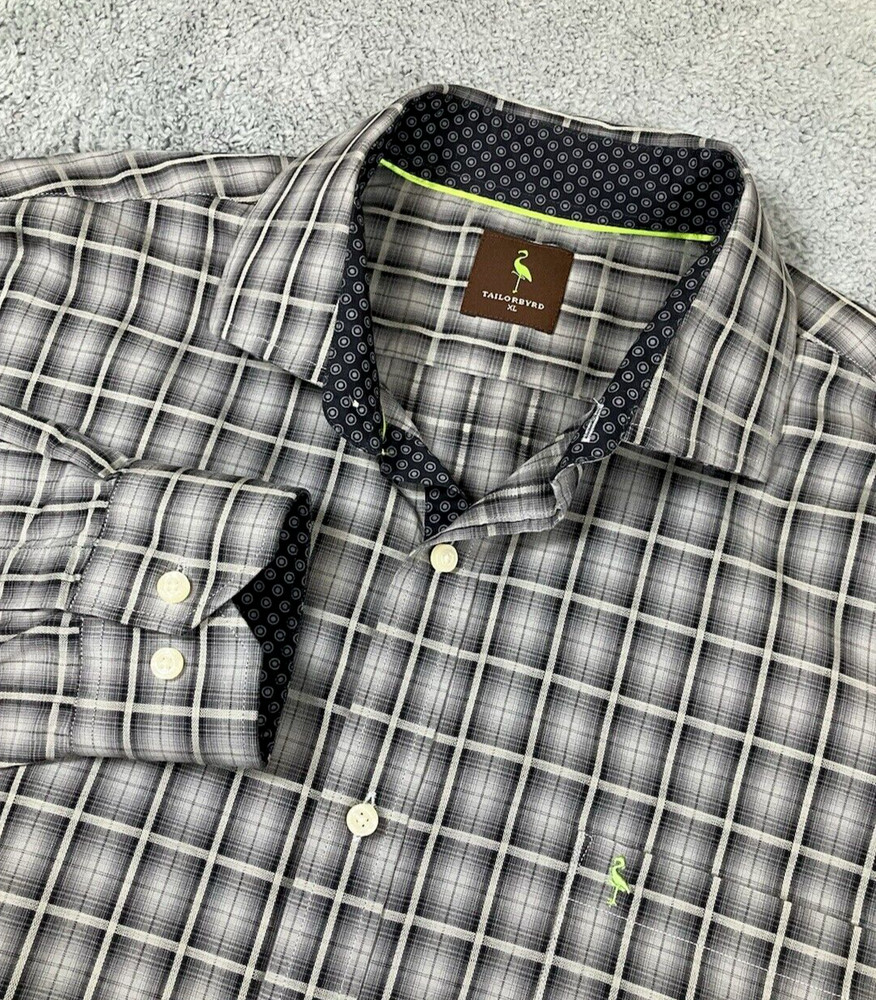 TAILORBYRD Mens Contrast Cuff Long Sleeve Cotton Gray Plaid Pocket Oxford SZ XL