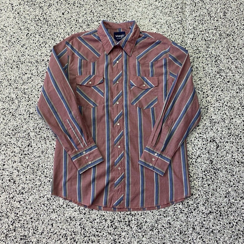 Wrangler Men Blue Stripped Red Western Pearl Snap Long Sleeve Cowboy Rodeo Shirt