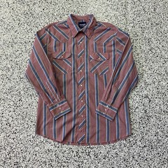 Wrangler Men Blue Stripped Red Western Pearl Snap Long Sleeve Cowboy Rodeo Shirt