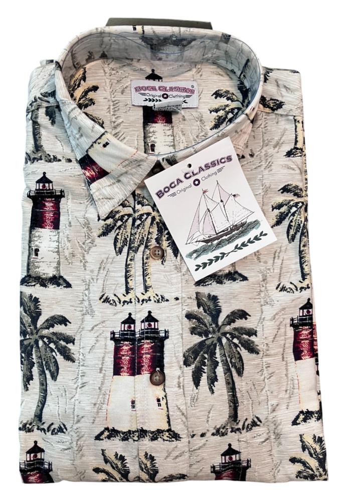 Boca Classics Lighthouse Palm Tree Shirt L NWT Coastal Button Front 100% Cotton