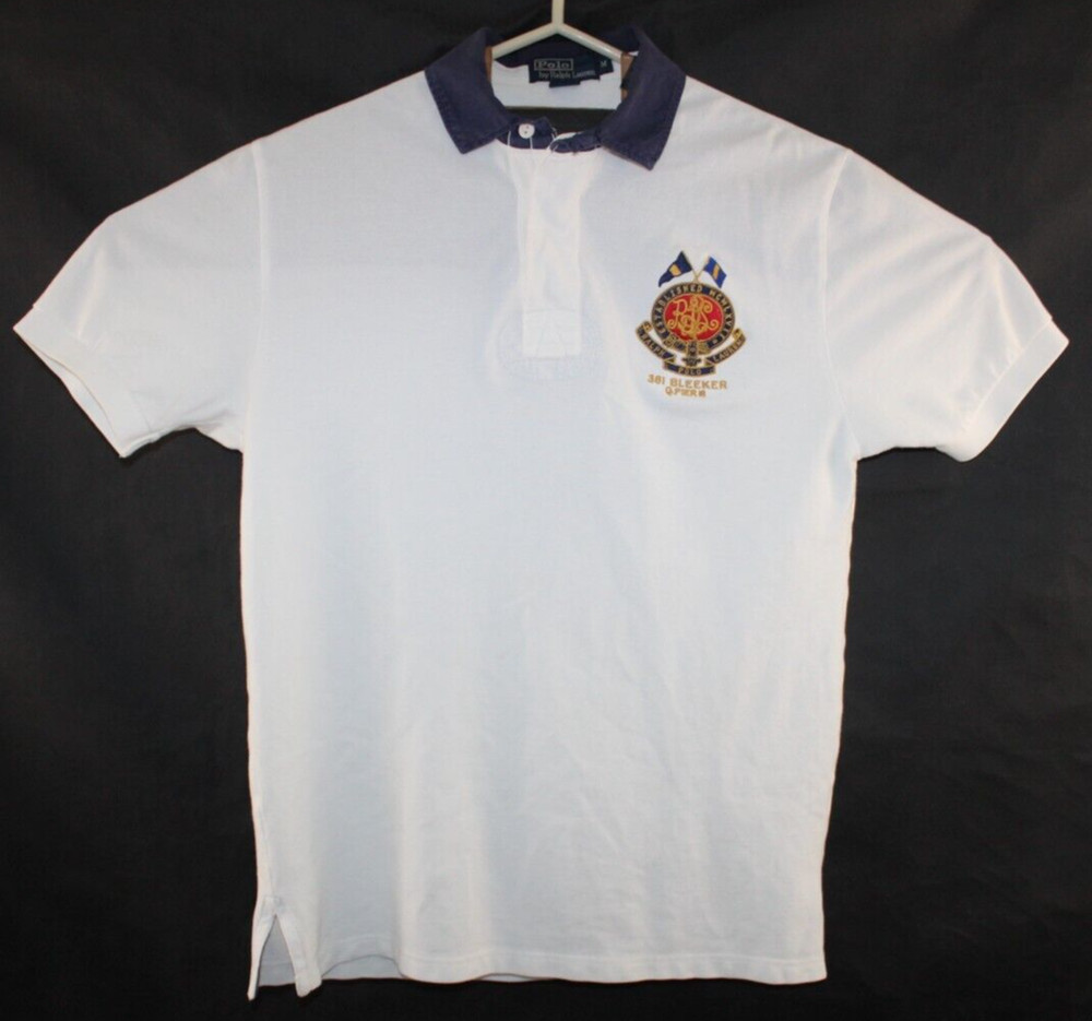 Polo Ralph Lauren 381 Bleeker Mens Medium White Blue Collar 5 Short Sleeve Shirt