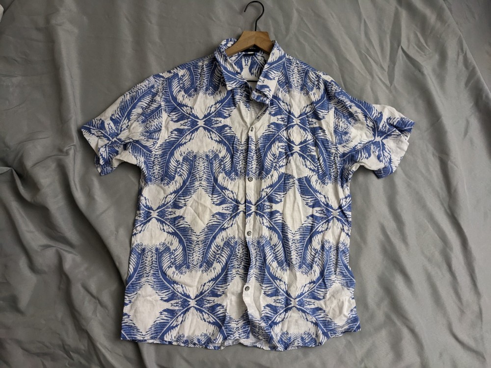 Vintage Hawaiian Shirt Mens Size L Blue Bill Edwards Floral Short Sleeve