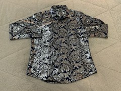 COOFANDY Shirt Mens Medium Shiny Silver Blue Paisley Print Button Up L/S