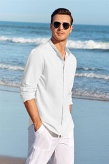 Men Linen Summer Shirt Button Down Long Sleeve Cotton Beach Band Collar Casual