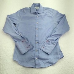 Twillory Shirt 15.5 34/35 Blue Check Tailored Fit Safe Cotton French Cuff *TEAR*